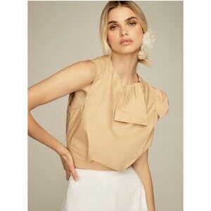 Anthropologie Maeve Crop Top Women Bow Poplin Khaki Vacay Preppy Classic Size 12